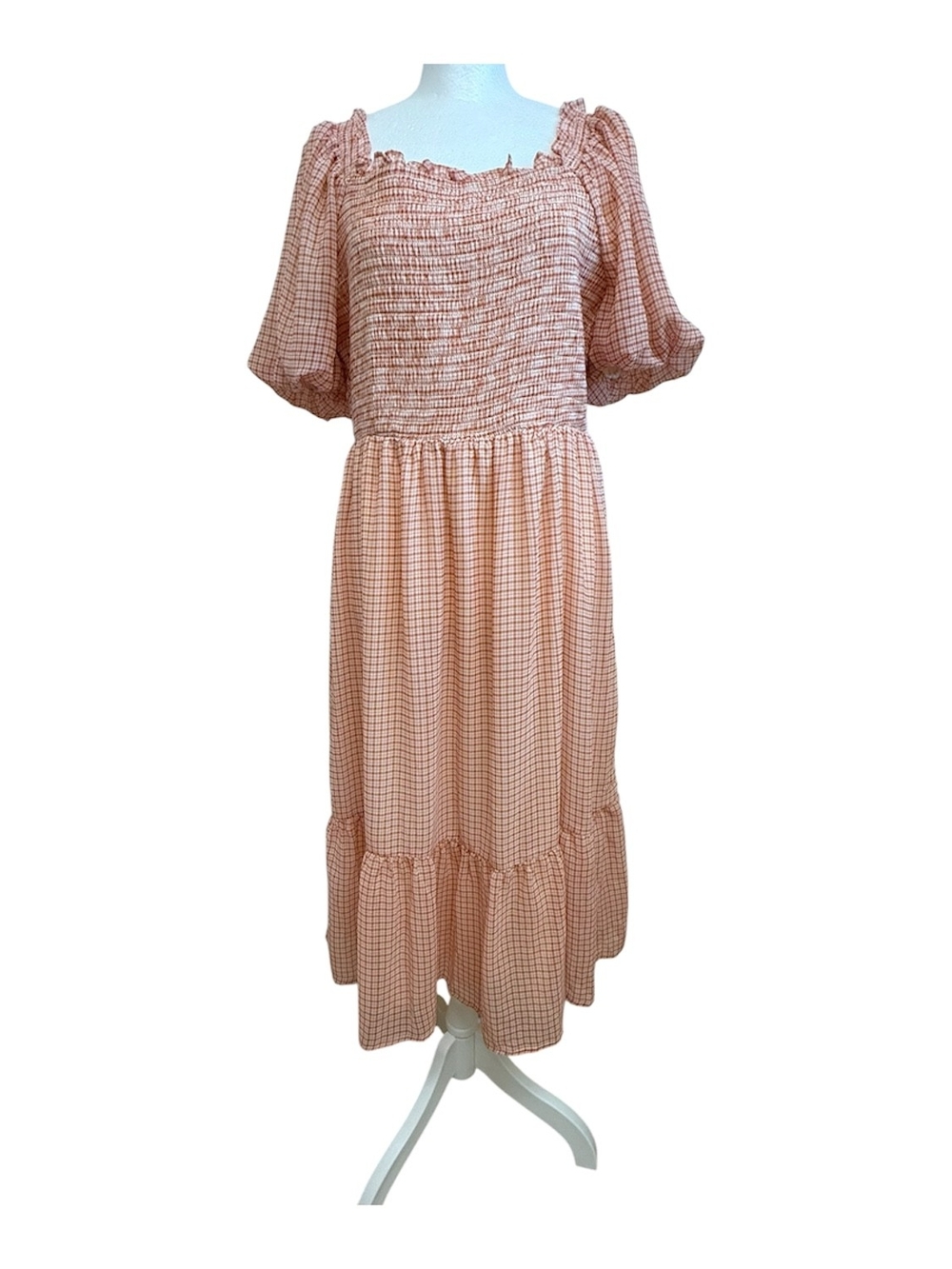 Lauren Conrad. Smocked Square-Neck Midi Dress in Peach Check.